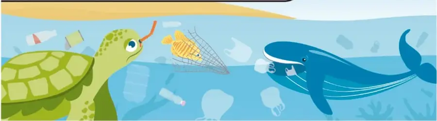 Lupa mostrando partículas de microplástico junto al título 'Plásticos'.