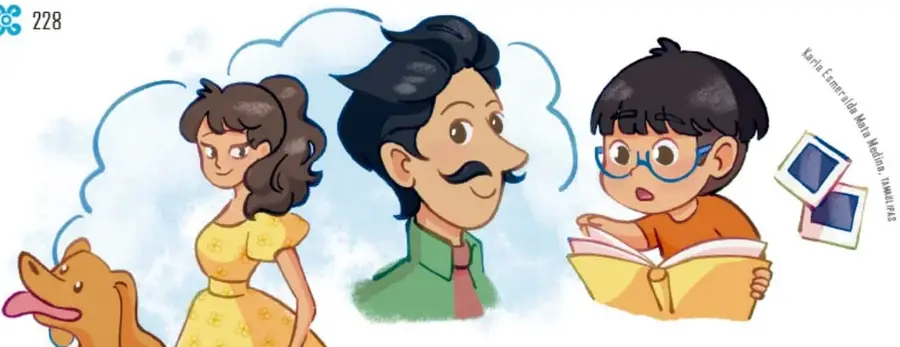 Recorte tipo collage: el niño recordando a su mamá (vestido amarillo con flores) junto a su perro Midas, a su papá joven (bigote, camisa verde) y a sí mismo leyendo un libro, con polaroids al lado.