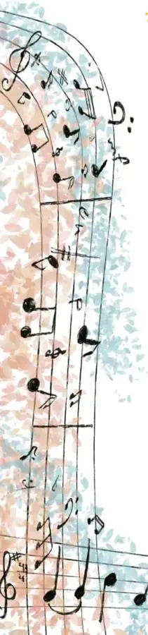 Ilustración de un pentagrama con notas musicales y manchas de acuarela.