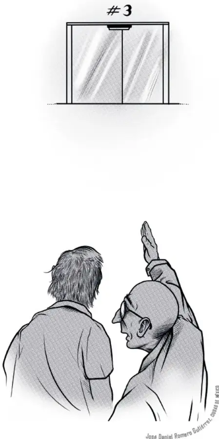 Ilustración de una puerta doble con el número #3 en la parte superior, dentro de un marco rectangular.