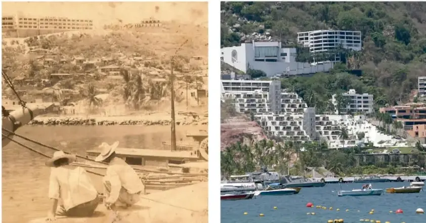 Fotografía antigua en tonos sepia de una localidad costera con casas bajas, techos de teja, calles de tierra, muelle de madera y dos personas con sombrero junto a una embarcación.
