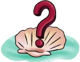 Concha de almeja abierta con una gran perla dentro y un signo de interrogación; ilustra la cuarta adivinanza.