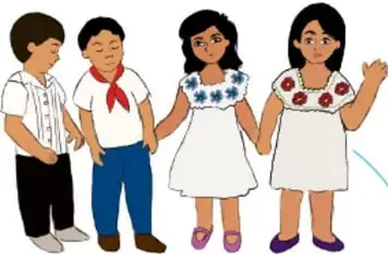 Ilustración de cuatro niños (dos niños y dos niñas) con ropa tradicional, tomados de la mano; pie de foto: 'Filomena Tun Eaccon, Quintana Roo'.