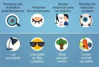 Infografía con ocho consejos para la salud ocular: revisarse con el médico, pestañear, ajustar distancias, ejercitar los músculos oculares, usar luz apropiada, usar gafas de sol, mirar paisajes verdes y comer saludablemente.