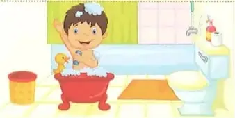 Un niño se baña en una tina, representando el uso doméstico del agua para la alimentación y el aseo personal.