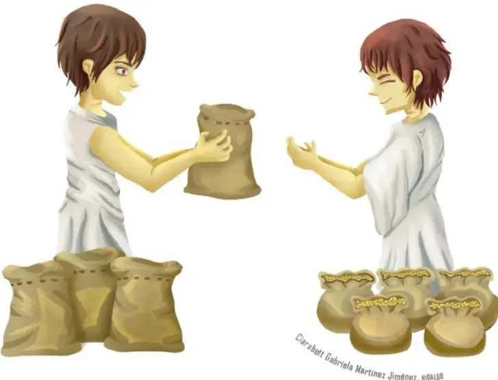 Dos personajes antiguos, uno entrega una bolsa de sal al otro; alrededor hay costales y bolsas de mercancía.