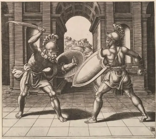 Grabado de dos gladiadores luchando con espadas y escudos en un anfiteatro.