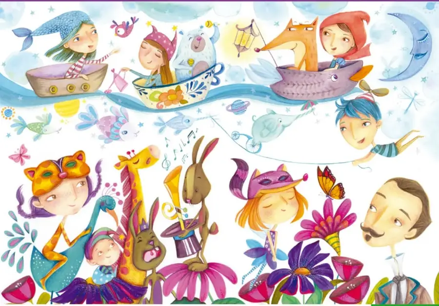Ilustración fantástica con niños y animales (zorro, conejo, gato con máscara, jirafa, ciervo, mariposas) viajando en barcos, tazas y criaturas fluviales sobre un río azul, con luna, estrellas y flores de colores.