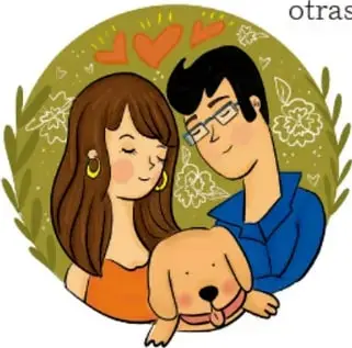 Ilustración de una familia (padre, madre e hija) con un perro, dentro de un círculo decorado con corazones (Ana María Hernández Hernández, Ciudad de México)