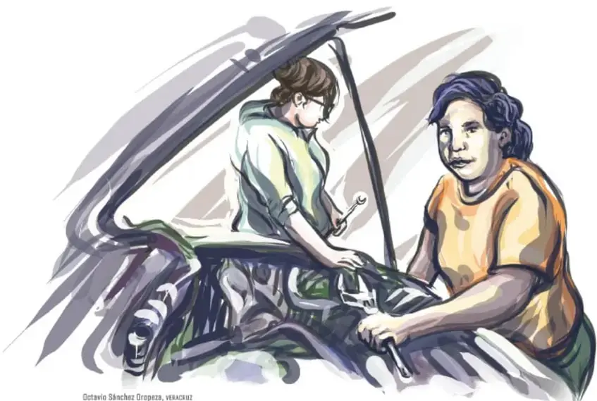 Ilustración de dos mujeres reparando el motor de un automóvil, una con llave mecánica y otra sosteniendo una pieza. Crédito: Octavio Sánchez Oropeza, Veracruz.