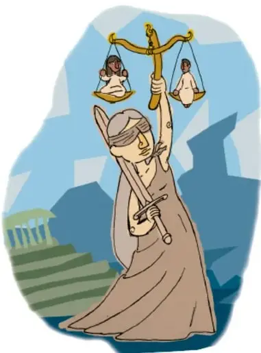 Ilustración de una figura femenina con los ojos vendados sosteniendo una balanza, símbolo de la justicia; al fondo, escaleras y siluetas de personas.