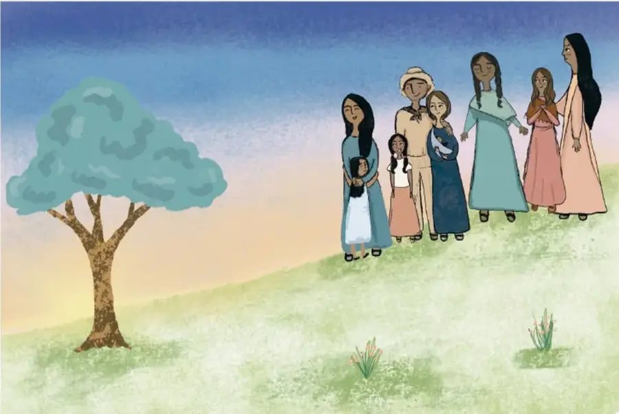 Ilustración de un grupo de personas afrodescendientes de distintas edades reunidas en una colina verde. A la izquierda hay un árbol frondoso. El cielo es azul con degradado. La escena representa la fundación de un pueblo libre.