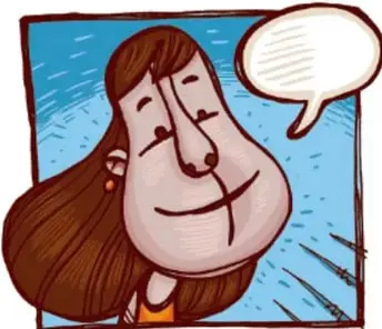 Viñeta ilustrada de una niña sonriente con globo de diálogo vacío, sobre fondo azul.