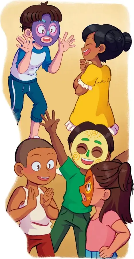 Cinco niños juegan con máscaras de emociones: uno con máscara morada de susto levanta las manos, una niña de vestido amarillo ríe, un niño con máscara amarilla sonriente saluda, otro aplaude y una niña con máscara naranja simula enojo. Crédito: Karla Esmeralda Mata Medina, TAMAULIPAS.