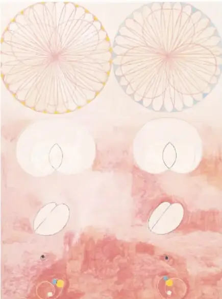 Las diez más grandes, núm. 9. Vejez, 1907: dos círculos con líneas radiales y formas ovaladas blancas sobre fondo rosado.