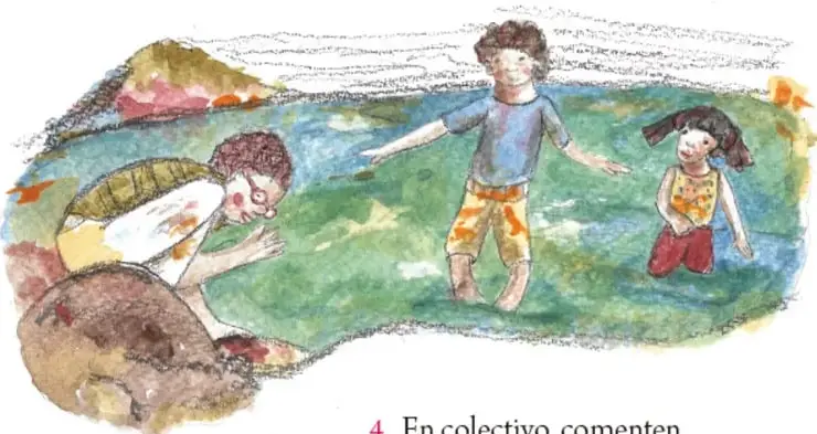 Ilustración de tres niños en un río: uno observa el agua, otro está de pie con los brazos abiertos y una niña los acompaña; en la orilla hay basura. Crédito: Adriana García Torres, Ciudad de México.