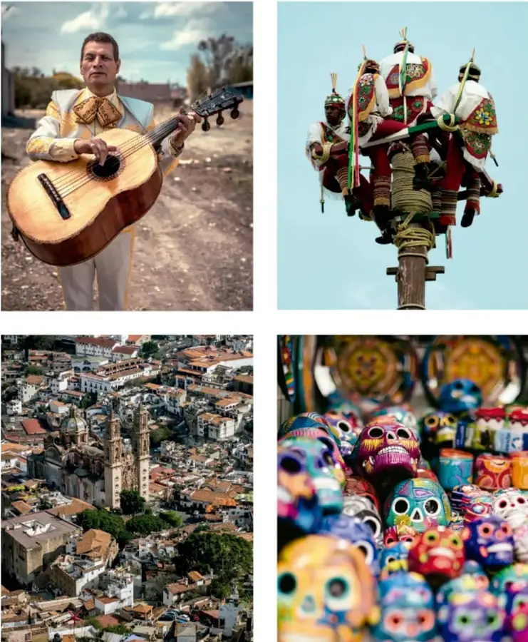 Músico mexicano con traje tradicional y guitarra de texanita, representando la música folclórica.