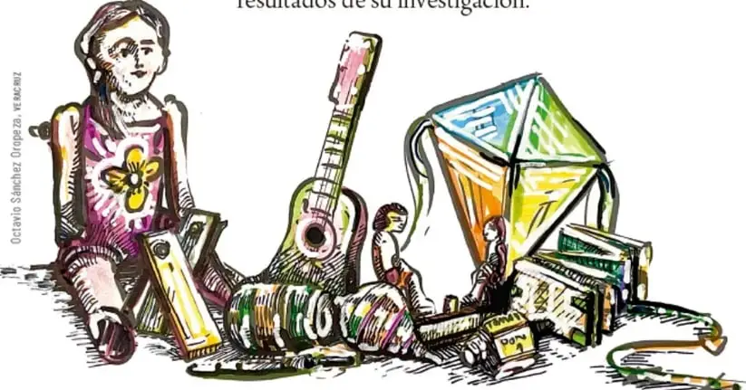 Ilustración de una niña sentada junto a varios juguetes tradicionales: un trompo, un balero, una guitarra, un papalote y una lotería.