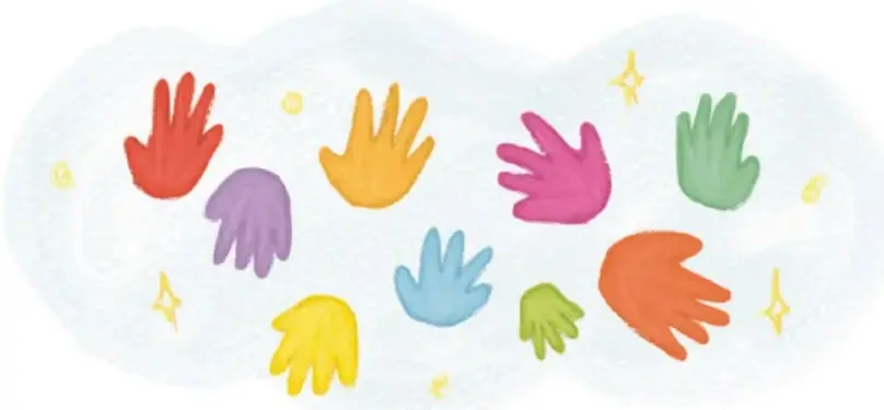Ilustración con múltiples siluetas de manos de papel en colores (rojo, morado, amarillo, azul, rosa, verde, naranja) sobre fondo de nube clara, con destellos; crédito a Vivian Lissette Esquivel Martínez, Estado de México.