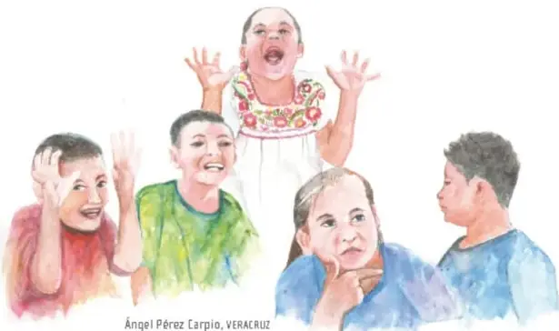 Ilustración acuarela de cinco niños expresando distintas emociones con la cara y las manos (boca abierta, manos en la cabeza), de Ángel Pérez Carpio, VERACRUZ.