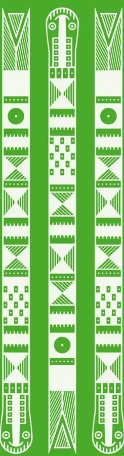 Ilustración de arte indígena: tres figuras geométricas verticales estilizadas, con motivos de triángulos, rectángulos, círculos y representaciones antropomorfas, en tonos verdes sobre fondo claro, evocando textiles o grafismo prehispánico.