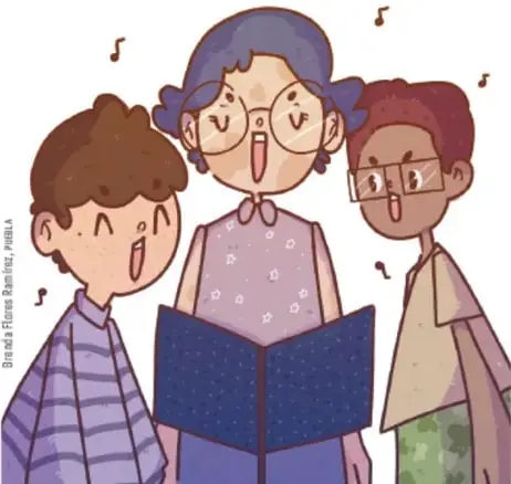 Ilustración de tres niños cantando y leyendo un libro, con notas musicales alrededor.