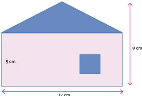 Figura de una casa a escala formada por un triángulo azul (techo) y un rectángulo rosa (cuerpo). El rectángulo tiene una base de 12 cm y altura de 5 cm. La altura total de la figura es 9 cm. Dentro del rectángulo hay un cuadrado azul pequeño.