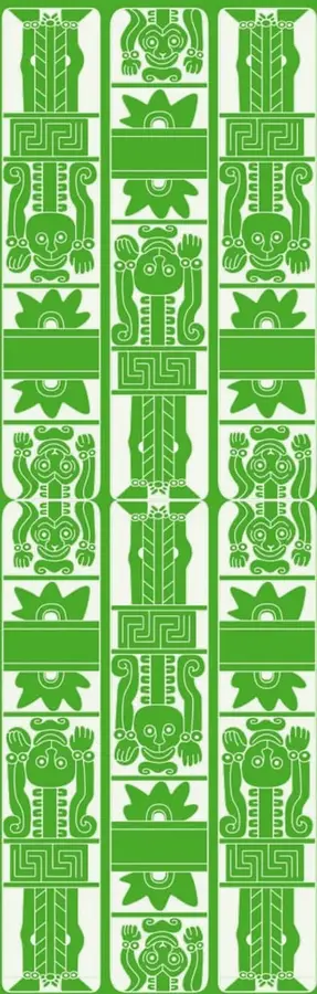 Franja verde con tres columnas verticales de figuritas estilizadas de papel picado o arte prehispánico: máscaras, aves, figuras antropomorfas y motivos geométricos (grecas), en blanco sobre verde.