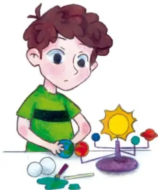 Ilustración de un niño con cabello rizado y playera verde observando un móvil decorativo con formas de sol, nubes y figuras geométricas sobre una mesa.