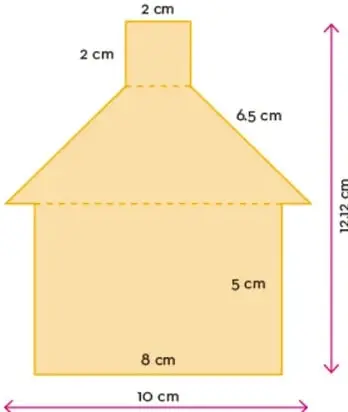 Plano a escala de una casa formada por un cuadrado superior de 2 cm de lado, un trapecio isósceles con base menor de 2 cm, base mayor de 10 cm y lados de 6,5 cm, y un rectángulo inferior de 10 cm de base por 5 cm de altura. Se indica una altura total de 12,12 cm.