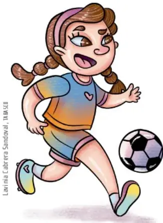 Ilustración de una niña con trenzas y un cintillo, camiseta y short, corriendo con un balón de fútbol, ilustración de Lav Iris Cabrera Santiago.