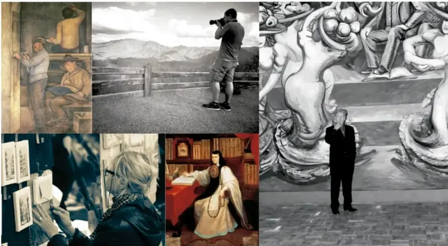 Collage de seis fotografías: un pintor trabajando en un caballete, un fotógrafo capturando un paisaje, una persona observando un mural escultórico, una ilustradora dibujando, una mujer leyendo en una biblioteca y un hombre frente a un mural.