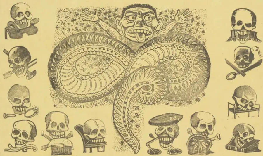 Grabado de una gran calavera con cuerpo de serpiente o gusano, con los brazos abiertos y lengua fuera, rodeada de esqueletos pequeños.