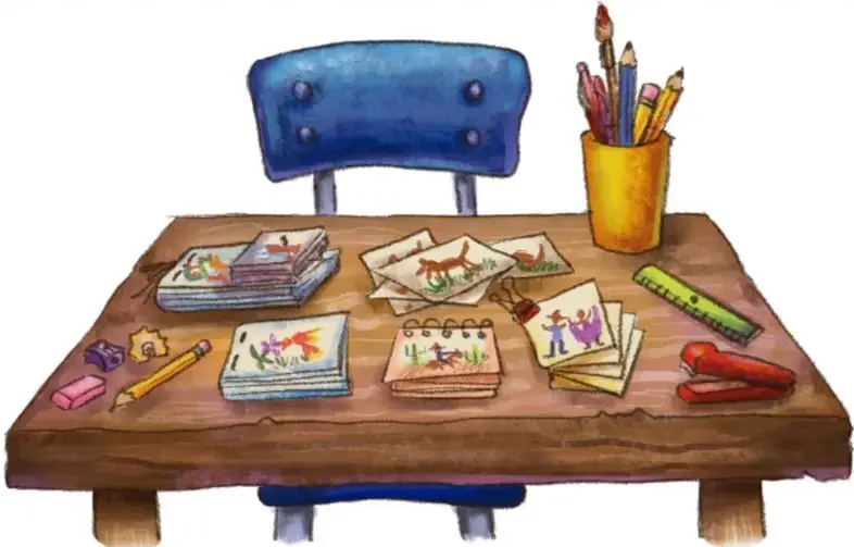 Ilustración de un escritorio de madera con una silla azul. Sobre la mesa hay libretas con dibujos, hojas con imágenes de animales y personas, un bote amarillo con lápices de colores, una regla verde, un lápiz, un sacapuntas, una goma rosa y una engrapadora roja.