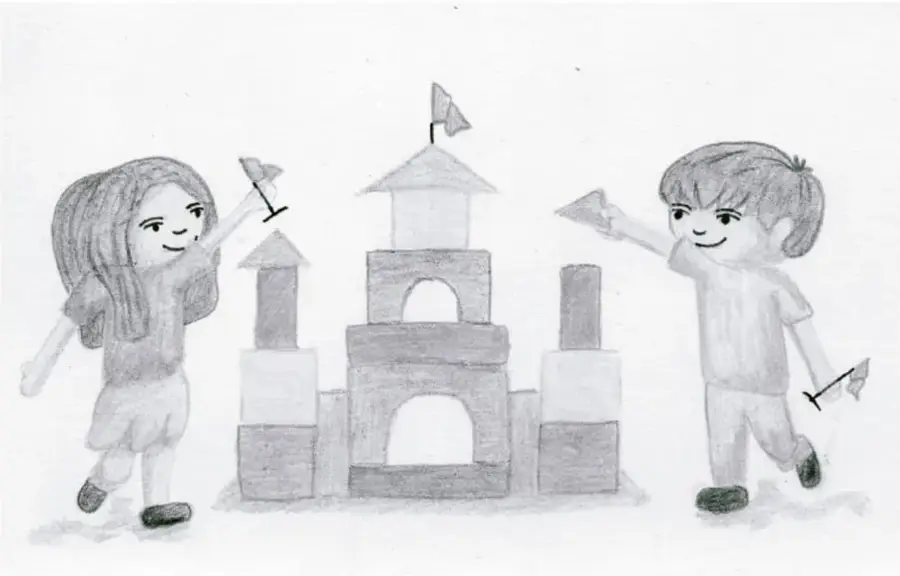 Ilustración de dos niños construyendo una torre de bloques con banderas, imagen alusiva al juego y la creatividad. Crédito: Festus, Cuernavaca, Morelos.