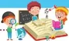Ilustración decorativa de estudiantes leyendo y realizando actividades escolares.