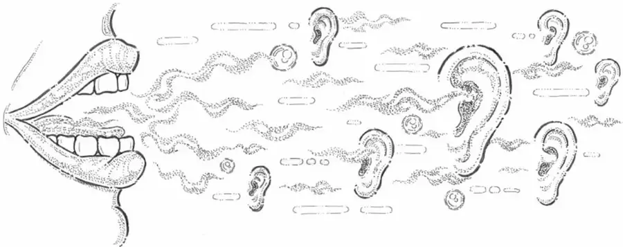 Ilustración de una boca abierta que emite ondas sonoras las cuales llegan a varios oídos de distintos tamaños, simbolizando la comunicación y la escucha en la mesa de discusión.
