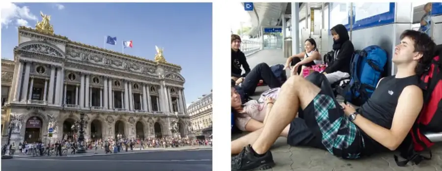 Edificio de la Ópera de París con banderas de Francia y la Unión Europea.