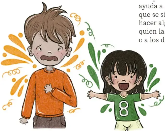 Ilustración de un niño de suéter naranja con mano en el pecho y expresión de dolor o malestar, con explosiones naranjas de fondo; junto a él una niña con camiseta verde con el número 8, brazos abiertos y gran sonrisa (alegría), rodeada de hojas verdes.