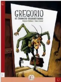 Portada del libro *Gregorio, el insecto monstruoso*: un insecto humanoide con saco y corbata caminando sobre un fondo rojo.
