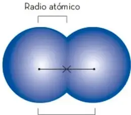 Diagrama de dos átomos esféricos azules unidos; una flecha superior etiquetada 'Radio atómico' mide del centro de un átomo a su superficie, y una etiqueta inferior 'Distancia internuclear' mide la distancia entre los dos núcleos.