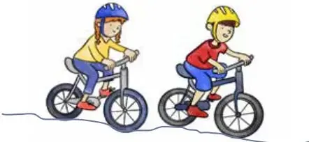Ilustración de dos niños andando en bicicleta; ambos usan casco de seguridad, uno azul y otro amarillo.