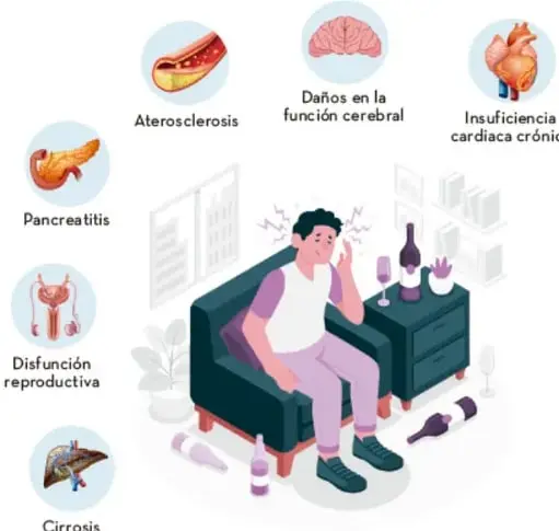 Ilustración de un joven sentado en un sillón con una botella de alcohol y un cigarrillo, rodeado de íconos que representan enfermedades: aterosclerosis, daños en la función cerebral, insuficiencia cardiaca crónica, pancreatitis, disfunción reproductiva y cirrosis.