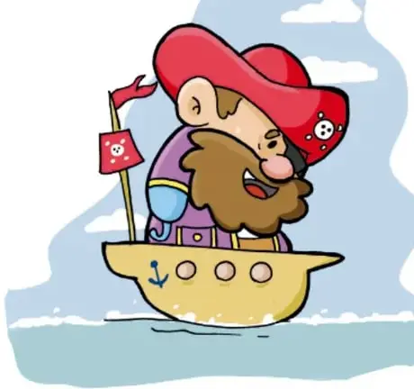 El pirata sentado en la playa rodeado de monedas de oro, joyas, collares de perlas, gemas y lingotes.