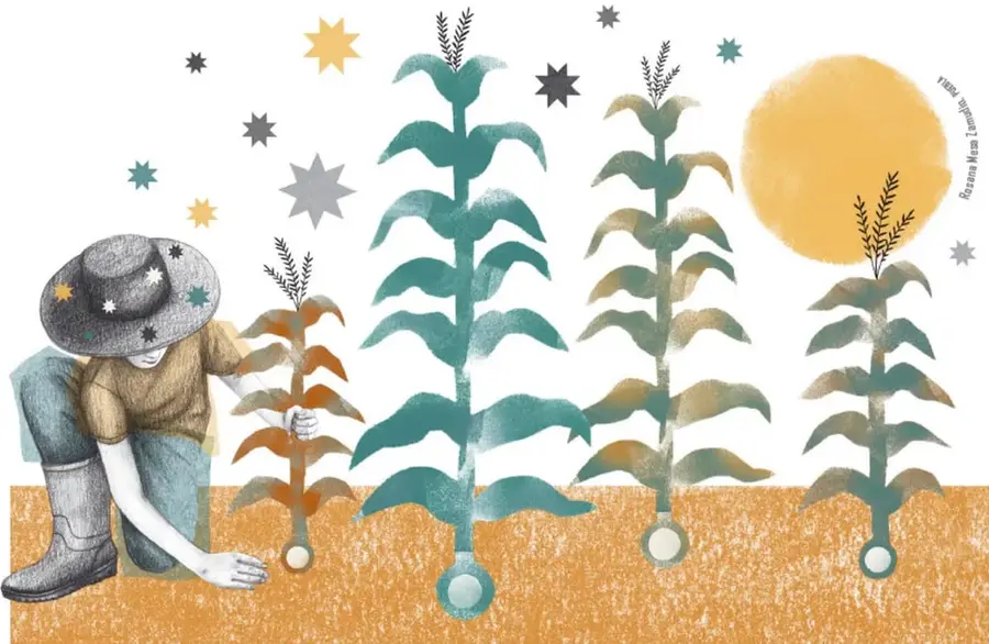 Ilustración de un campesino con sombrero y botas, sembrando una planta de maíz. A su alrededor hay estrellas de colores y un sol amarillo. Cuatro plantas de maíz crecen en la tierra.
