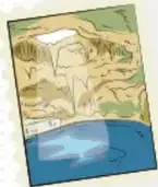 Estampilla ilustrada de un paisaje lacustre con montañas verdes, alusivo a Vancouver o naturaleza.
