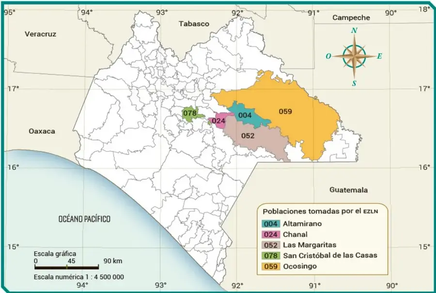 Mapa del estado de Chiapas, México, que muestra las poblaciones tomadas por el EZLN en 1994: Altamirano (004), Chanal (024), Las Margaritas (052), San Cristóbal de las Casas (078) y Ocosingo (059). Incluye escala gráfica de 0 a 90 km y escala numérica 1:4 500 000. Se observan los estados vecinos de Veracruz, Tabasco, Campeche, Oaxaca y el país de Guatemala, así como el Océano Pacífico.