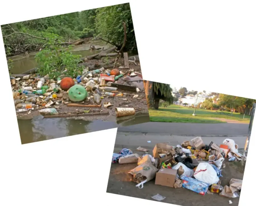 Río con agua turbia y gran cantidad de botellas, envases y objetos de plástico acumulados en la orilla.