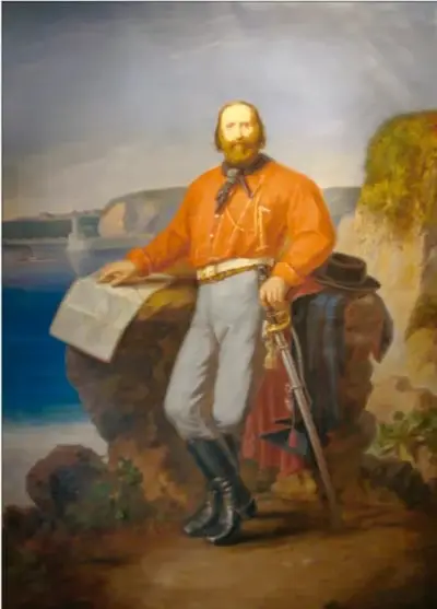 Pintura de Giuseppe Garibaldi con camisa roja, de pie sobre una roca, sosteniendo un mapa y una espada, con paisaje costero de fondo.