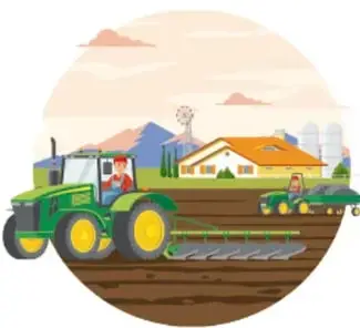 Ilustración circular de una tractora verde trabajando el campo, con casas y montañas al fondo.